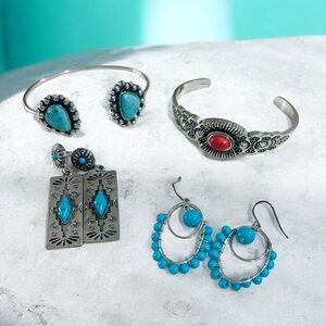 2 pairs earrings PLUS two cuff bracelets Set with turquoise colored stones